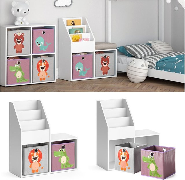 Vicco Kinderregal Luigi Spielzeugablage mit Sitzbank und Faltboxen in Weiß - Bild 1