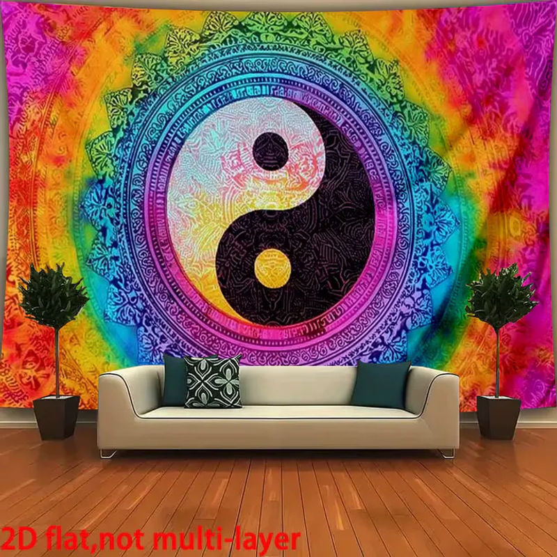 VIKAMA Wandteppich im Mandala-Stil mit Yin-Yang und Tai-Chi Design, mehrfarbiger Bohemian Wandbehang aus Textil, B/H: 60 x 40 cm - Bild 5