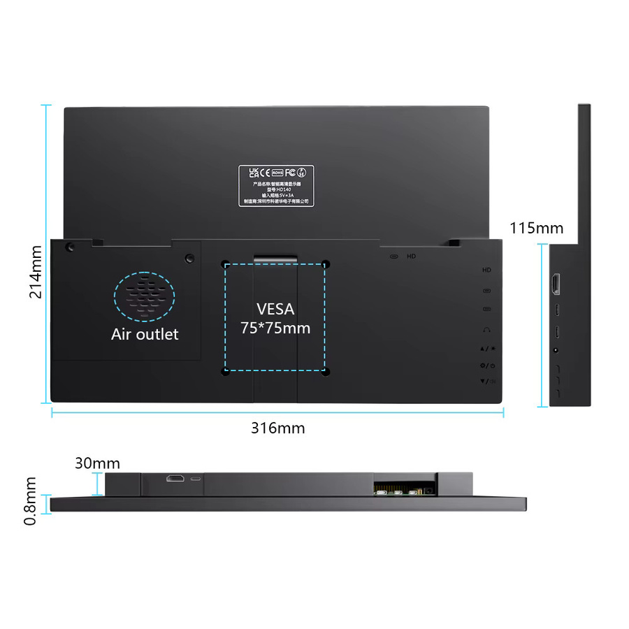 Pisichen 14 Zoll Touchscreen Monitor mit 1920x1200 Auflösung in Schwarz für Raspberry Pi 5 4 3 mit HDMI und USB Schnittstelle - Bild 2