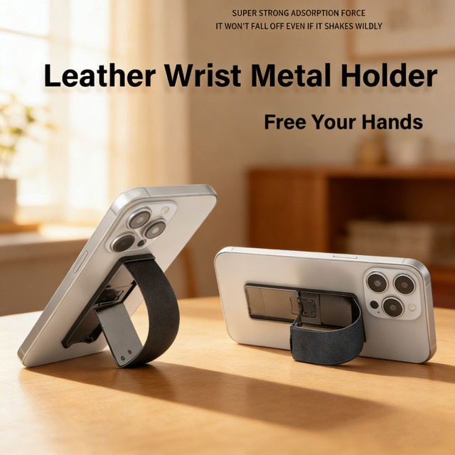 WSSHE Leder-Handy-Fingergriffband mit Metall-Handyhalter, teleskopischer selbstklebender Handy-Ständer für Smartphones in Schwarz oder Braun - Bild 1
