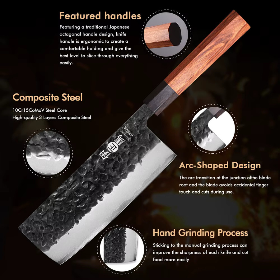 YIZEMA 7-Zoll Nakiri-Messer aus dreischichtigem Verbundstahl und Edelstahl in Silber mit Holzgriff - Bild 4
