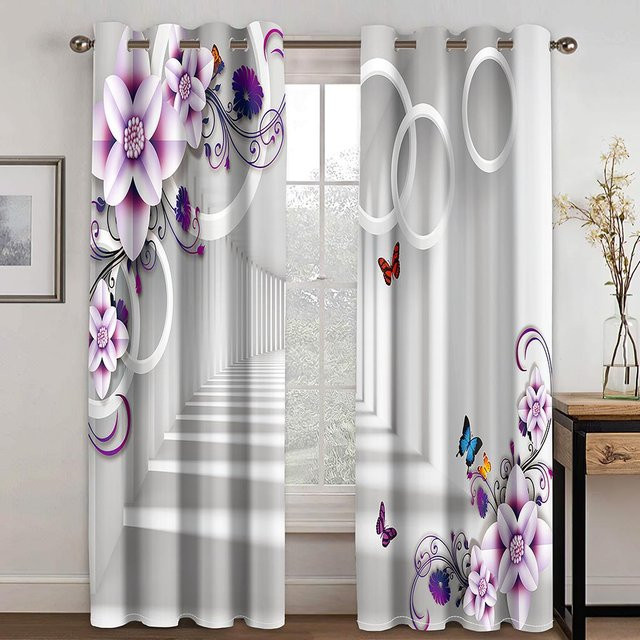 A Family Of Home Textiles Retro Fenstervorhänge mit abstraktem Kreislinien-Blumenmuster, halbtransparent, Mehrfarbig, B: 70 cm, H: 185 cm, 2er-Set inklusive Haken - Bild 1