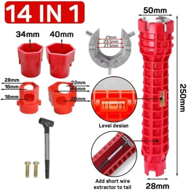 14-in-1 Sanitär-Reparaturwerkzeug Doppelkopfschlüssel in Rot für Waschbecken, Wasserhahn und Warmwasserbereiter - Bild 1