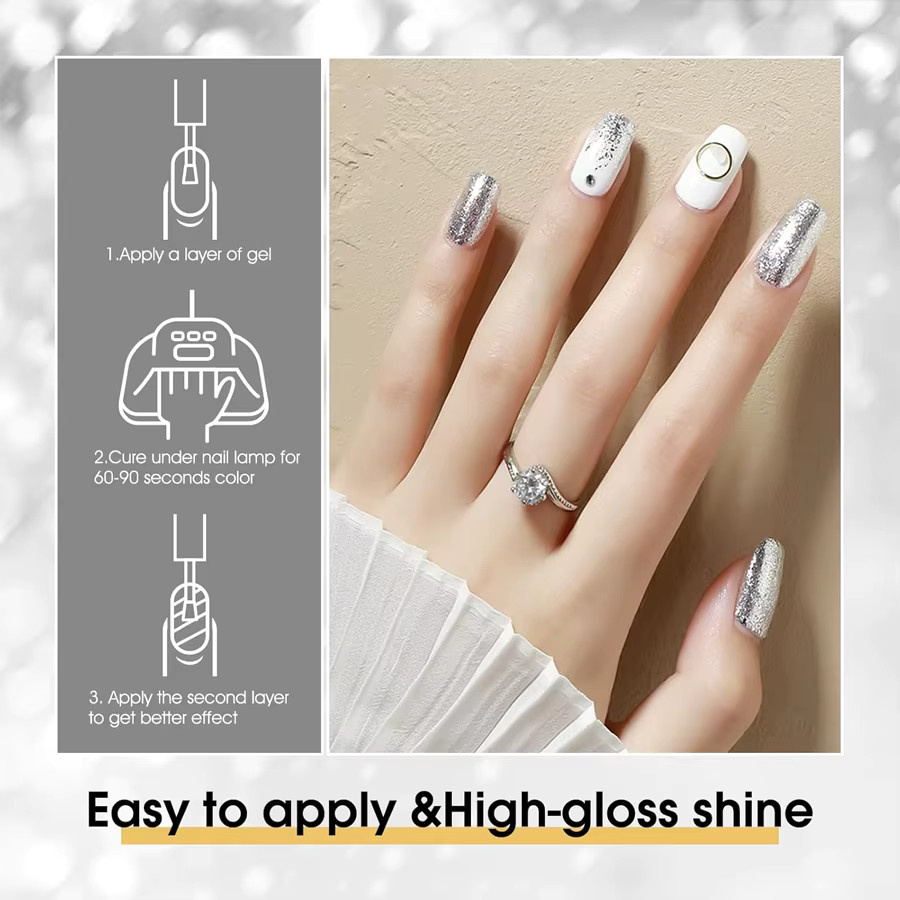 QAZIXU Glitter Gel Nagellack Set, 10 ml, Goldene Silber, Glänzend - Bild 3