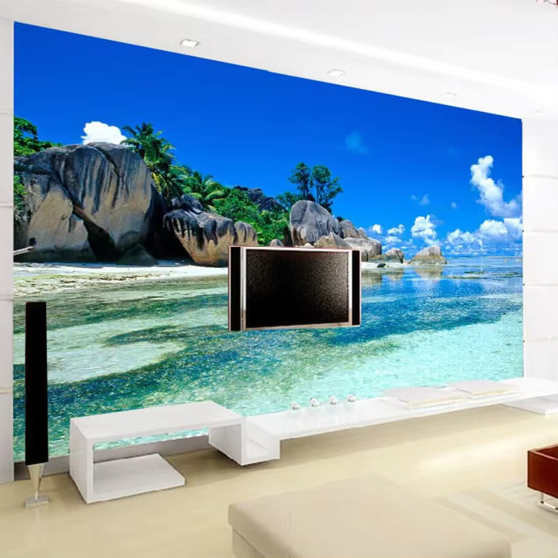 Personalisierbare 3D Vlies Tapete mit Ozean und Strand Motiv in Blau für dein Wohnzimmer oder Schlafzimmer - Bild 3