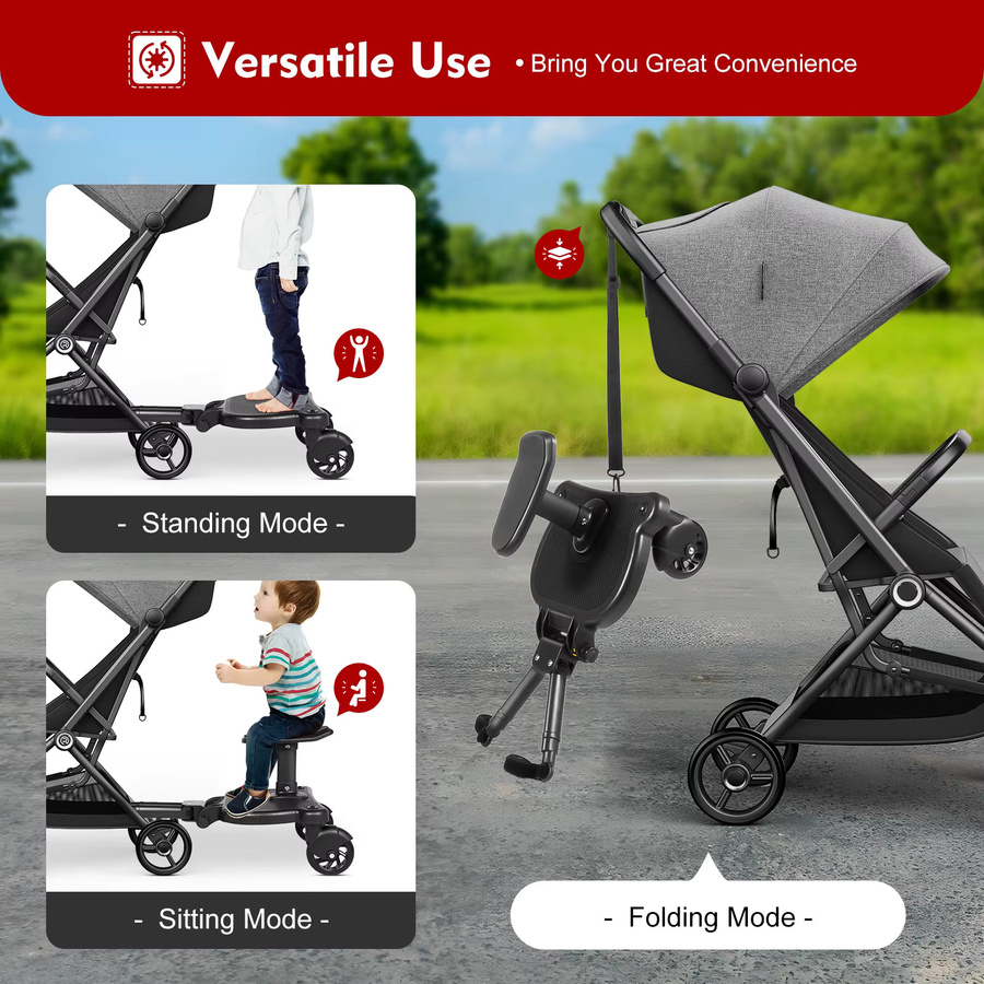 2-in-1 Universal-Kinderwagenbrett als Sitz- und Stehwagen mit bequemem Kissen in Schwarz - Bild 2