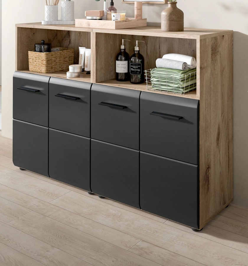 Badezimmer Kommode Set Cover in Schwarz und Eiche, bestehend aus Waschtischunterschrank und Seitenschrank, B/T/H: 120 x 80 x 30 cm - Bild 1