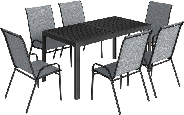 Outsunny 7-teiliges Garten-Set mit Metalltisch in Holzoptik und 6 stapelbaren Stühlen aus Stahl, Grau - Bild 1
