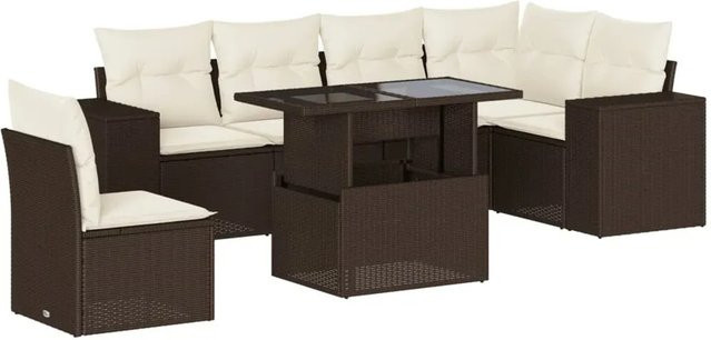 vidaXL 7-teilige Garten-Sofagarnitur in L-Form aus braunem Poly-Rattan mit cremeweißen Kissen und pulverbeschichtetem Stahlgestell - Bild 1