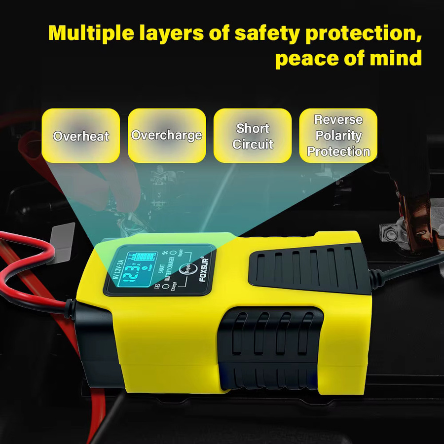 Automatisches Autobatterie-Ladegerät mit LCD-Anzeige und Impulsreparatur für Blei-Säure, GEL, AGM, Nass, Calcium und Deep Cycle VRLA Batterien, Gelb, 6V/12V 2A - Bild 4