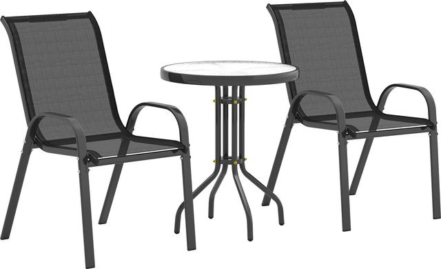 Outsunny Bistro-Set 3-teilig aus Stahl und Glas in Schwarz mit Wellenmuster und stapelbaren Gartenstühlen - Bild 1