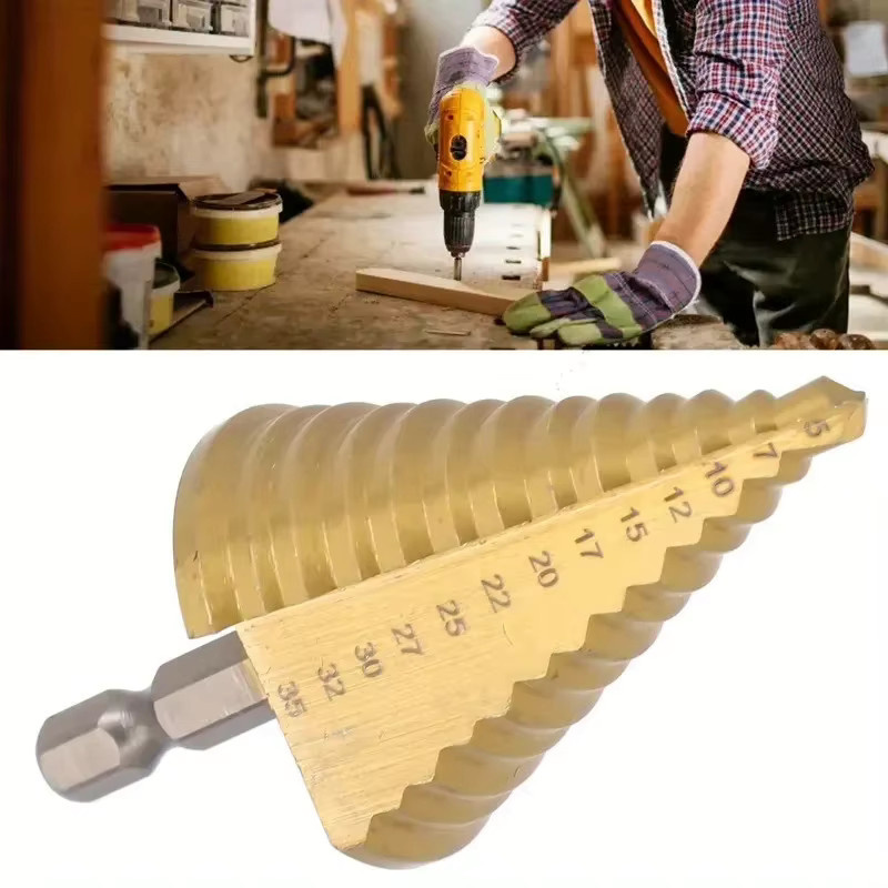 LouCnloin 13-Stufen-Stufenbohrer aus HSS mit Titanbeschichtung in Gold, Sechskantschaft für Holz und Metall, Schrittweite 5–35 mm - Bild 3