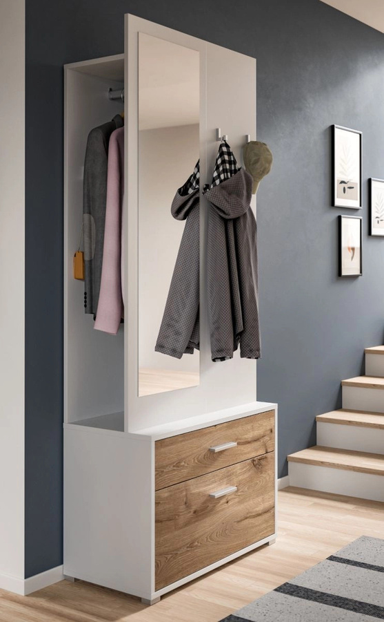 Inn.Furn Kompaktgarderobe Pallas mit Sitzbank und Spiegel in Weiß und Eiche, B/H: 80 x 190 cm - Bild 4