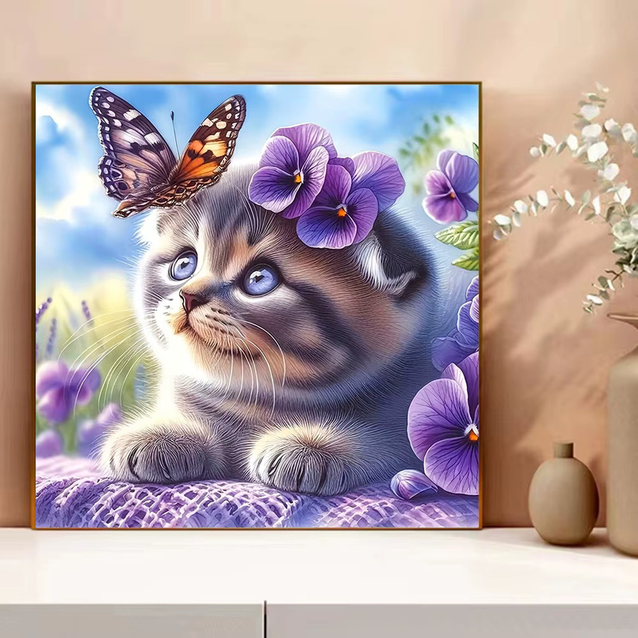 Evershine 5D Kreuzstich-Set mit Katzen- und Blumenmotiv, 11 CT, unbedruckte Leinwand, Mehrfarbig, B/H: 30 x 30 cm - Bild 3