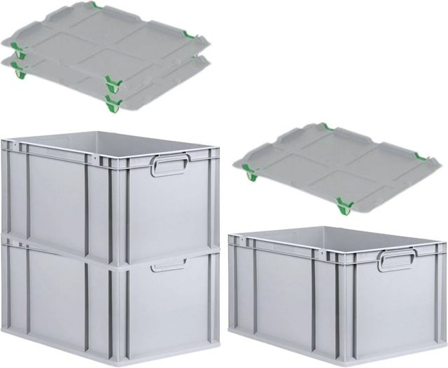 PROREGAL SuperSparSet 3x Eurobox NextGen Grip mit Auflagedeckel und 4 grünen Schiebeschnappverschlüssen, Grau, H x B x T: 32 x 40 x 60 cm - Bild 1