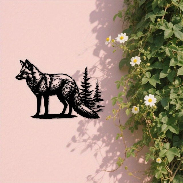 CIFBUY Metall-Wandkunst Fuchs und Kiefern in Schwarz als rustikale Wildtier-Silhouette für Innen und Außen - Bild 1
