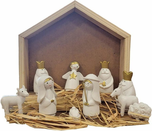 11-teiliges Set handbemalte Weihnachtskrippe mit kleinen Krippenfiguren in Gold und Weiß