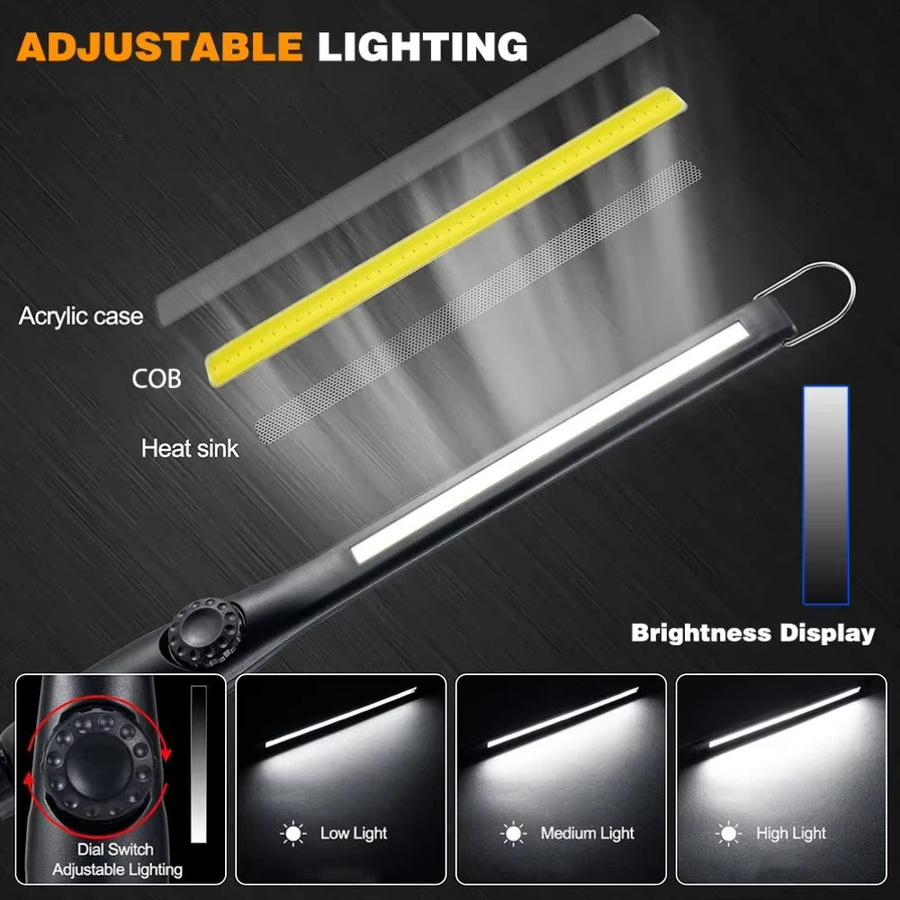 KDULIT Wiederaufladbare COB-Arbeitsleuchte in Schwarz mit 700 lm Helligkeit, dimmbarer LED-Arbeitslampe mit Magnetfuß und Haken für Autoreparatur, Inspektion und Camping - Bild 2