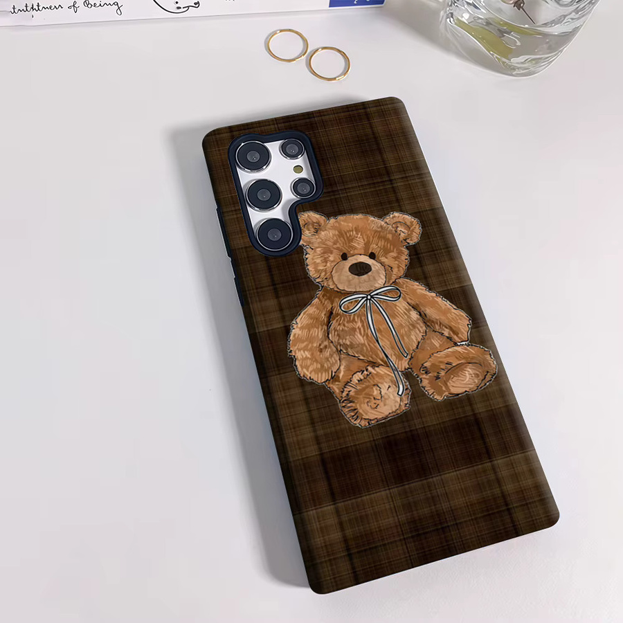 Stoßfeste Teddybär-Handyhülle in Braun mit Karomuster für Samsung Galaxy S25 Ultra, S24 und S23 Ultra Plus - Bild 2