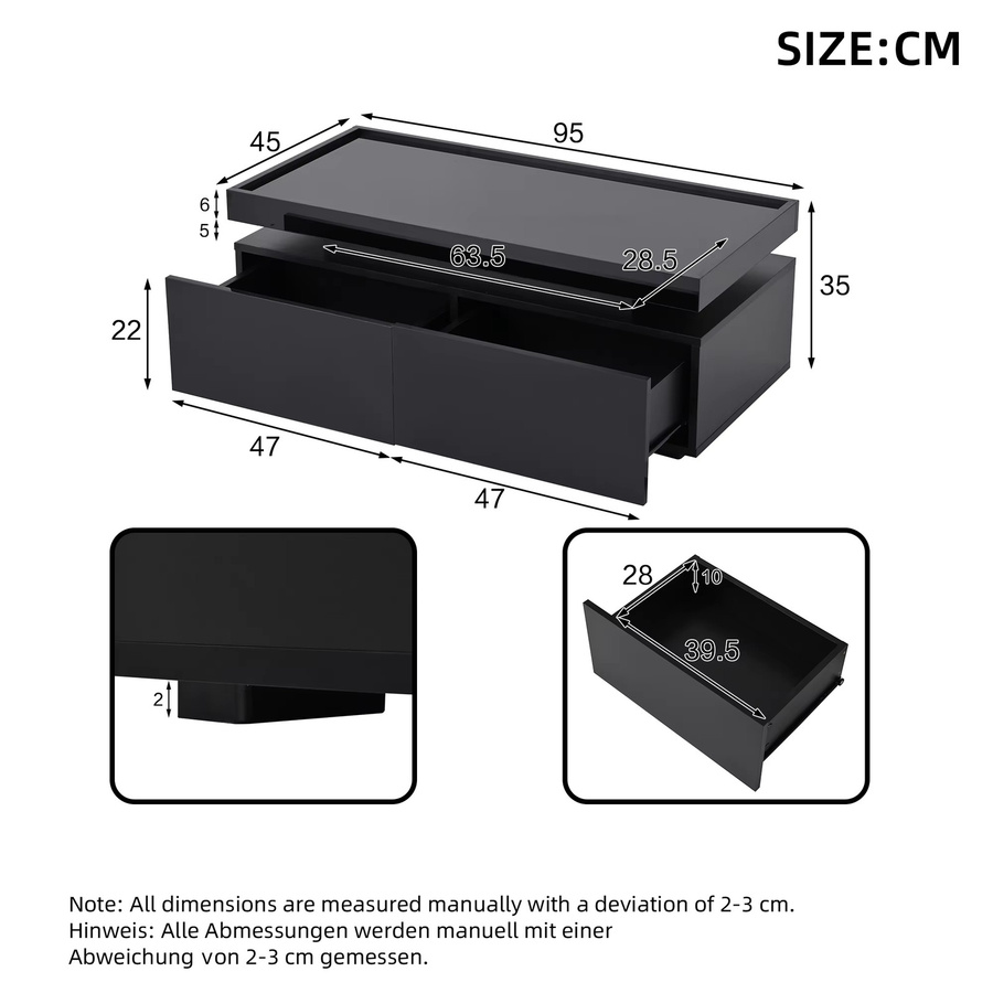 Svintora Moderner Hochglanz-Couchtisch in Schwarz mit LED-Beleuchtung und 2 Schubladen - Bild 5