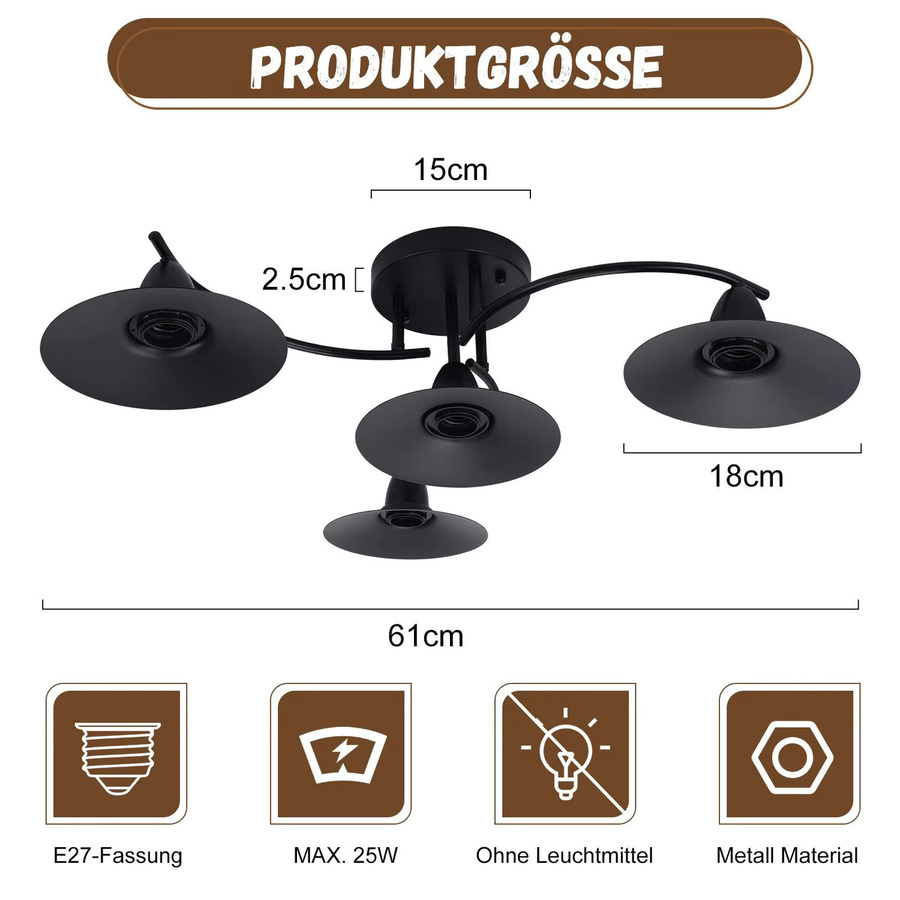 Cliheet Industrie-Deckenleuchte im Vintage-Design, Schwarz, 4-flammig, E27, Metall - Bild 4
