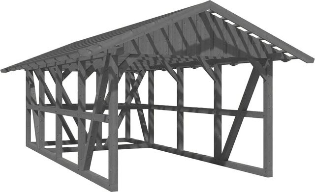 Skan Holz Carport Schwarzwald aus Fichtenholz mit Satteldach, Dachlattung und Abstellraum, Grau, B: 424 cm, L: 772 cm - Bild 1