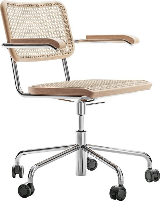 Thonet S 64 Vdr Atelier Drehstuhl mit Rohrgeflecht in Beige und Buche mit Rollen - Bild 1
