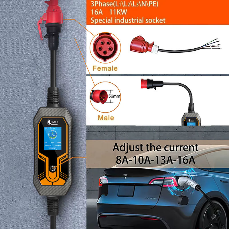 Feyree Tragbares EV-Ladegerät Typ2 11kW 16A 3-Phasen EVSE-Ladebox mit einstellbarem Strom und CEE-Stecker in Schwarz - Bild 6
