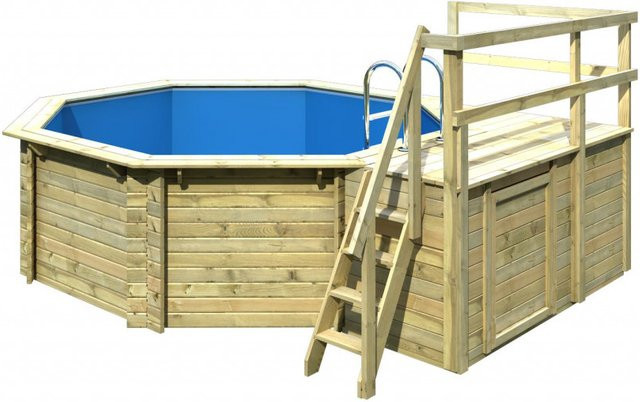 Karibu Achteckiger Aufstellpool Set C in Blau und Grau inklusive Skimmer, Schutzvlies und zwei Sonnenterrassen aus Massivholz Fichte - Bild 2