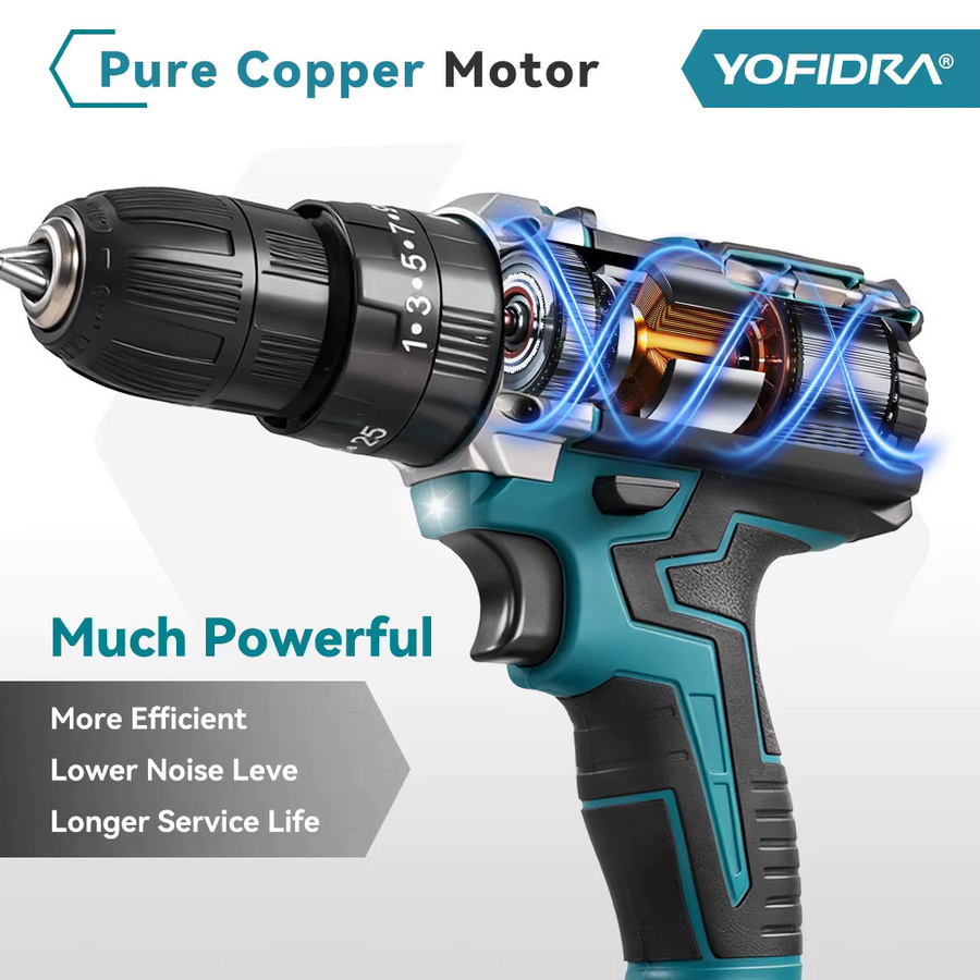 YOFIDRA Elektrische Schlagbohrmaschine mit 32/53-teiligem Werkzeug-Set und 21V Akkuschrauber kompatibel mit Makita LXT Batterien, 60 N.m Drehmoment - Bild 5
