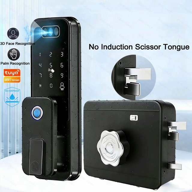 ZhdCookey Intelligentes Türschloss in Schwarz mit 3D-Gesichtserkennung, Palm-Ader-Scan, Fingerabdruck, WLAN und Tuya App-Kompatibilität - Bild 1