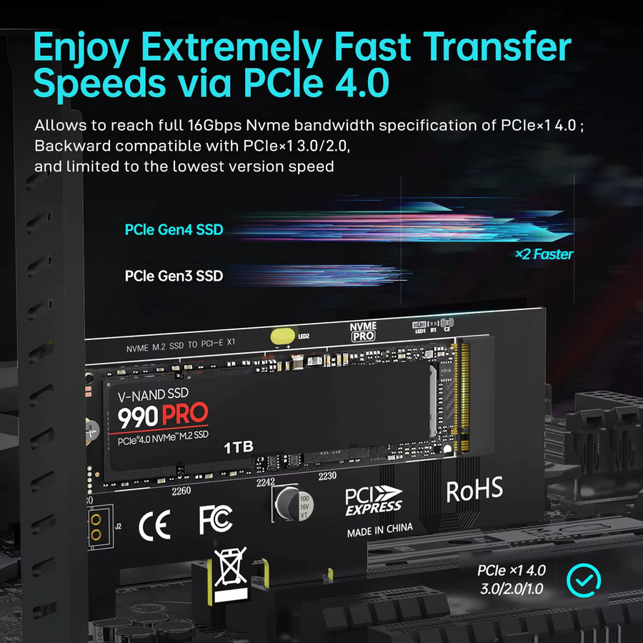 Jeyi M.2 NVMe SSD zu PCIe x1 Adapter Karte, PCIe Gen4 Erweiterungskarte für Desktop PC, Schwarz - Bild 2