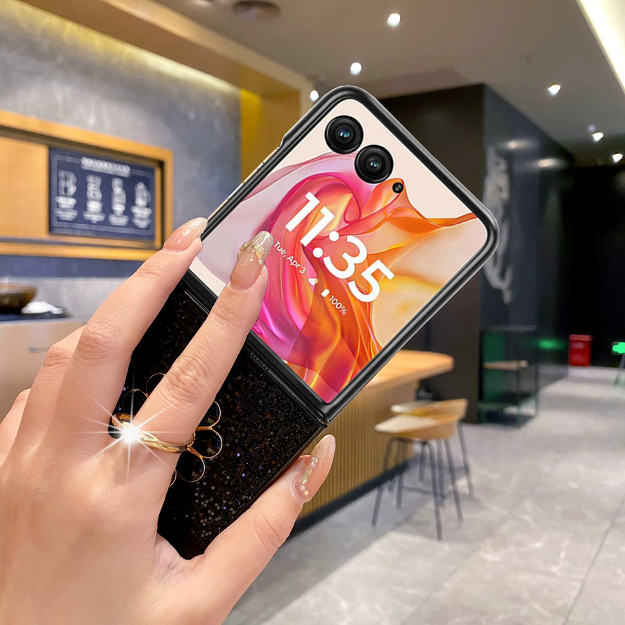 Glitzernde Handyhülle mit Blumenhalterung und Sternenbeleuchtung für Motorola Moto Razr 40 50 60 Ultra 2024 2025 aus Hart-PC in Schwarz oder Weiß - Bild 2