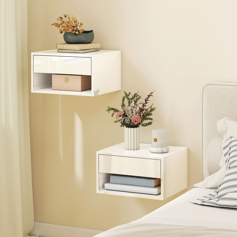 Aosom 2er-Set wandmontierte Nachttische in Weiß mit Schublade und Ablage, moderner Stil, B: 37 cm, T: 32 cm, H: 21 cm - Bild 2