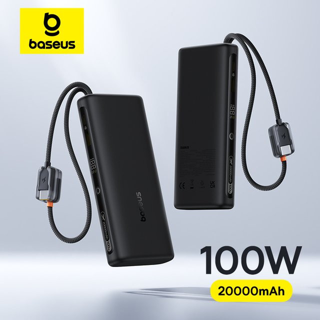 Baseus Powerbank 20000 mAh mit 100 W Schnellladefunktion, integriertes Dual-USB-C-Kabel und Digitalanzeige, Farbe: Weiß - Bild 1