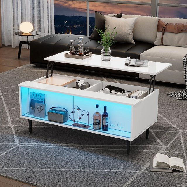 Merax Couchtisch höhenverstellbar mit LED-Glasablage und Stauraum in Weiß - Bild 1