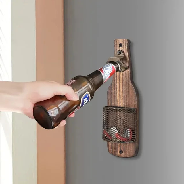 Wandmontierter Flaschenöffner aus Holz in Braun zur Dekoration für Bar und Tresen - Bild 1