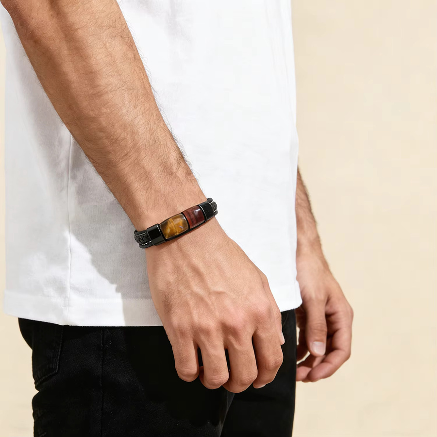 YAN MIN TRADE Armband, Leder, Tigerauge, Schwarz, Unisex - Bild 3