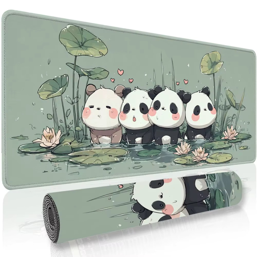 Großes Gaming-Mauspad im Anime-Stil mit Panda-Design und Lotus-Teich, grüne Schreibtischunterlage für Büro und PC-Zubehör - Bild 5
