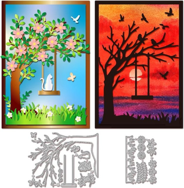 2er-Set Metall Schneidwerk für Bastelarbeiten mit Motiven Katze Vogel Blume und Baum für Scrapbooking und Papierhandwerk - Bild 1