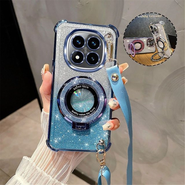 Glitzer Crossbody Lanyard Schutzhülle für Xiaomi Redmi 14C 15 Pro Plus 15 15C 14S 4G 5G Stoßfeste Handyhülle mit Standfunktion in Blau - Bild 1