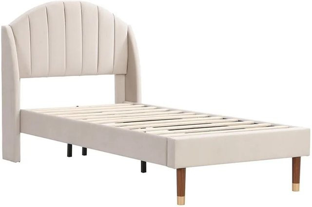 KOMHTOM Polsterbett mit Kopfteil und Lattenrost aus Samt in Beige, B/T/H: 90 x 200 cm - Bild 1