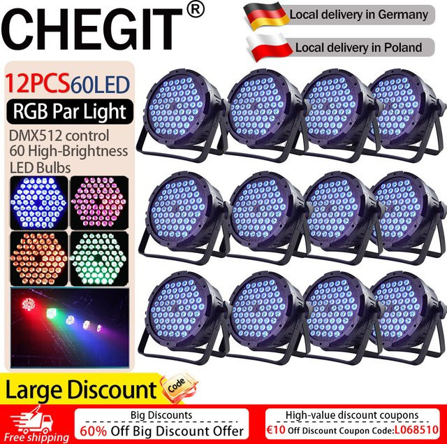 CHEGIT 12er-Pack RGB 3in1 Par-LED Bühnenbeleuchtung mit 60 LEDs, Multicolor, DMX512-Steuerung und Sprachaktivierung für DJ, Party und Konzerte, Schwarz - Bild 1