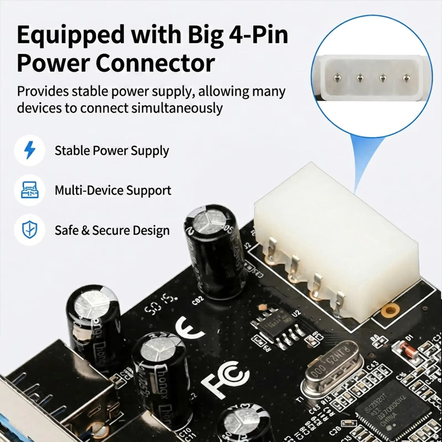 BZIZU PCIe X1 zu 4-Port USB 3.0 Erweiterungskarte mit NEC UPD720201 Chip, USB-A Typ A, 5Gbps, Schwarz - Bild 2