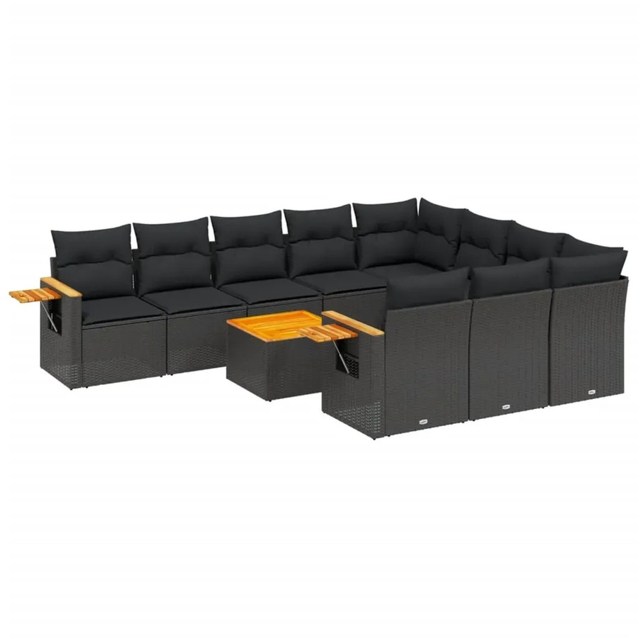 vidaXL 11-teilige Garten-Sofagarnitur in L-Form aus Polyrattan und Akazienholz mit Kissen in Schwarz - Bild 2