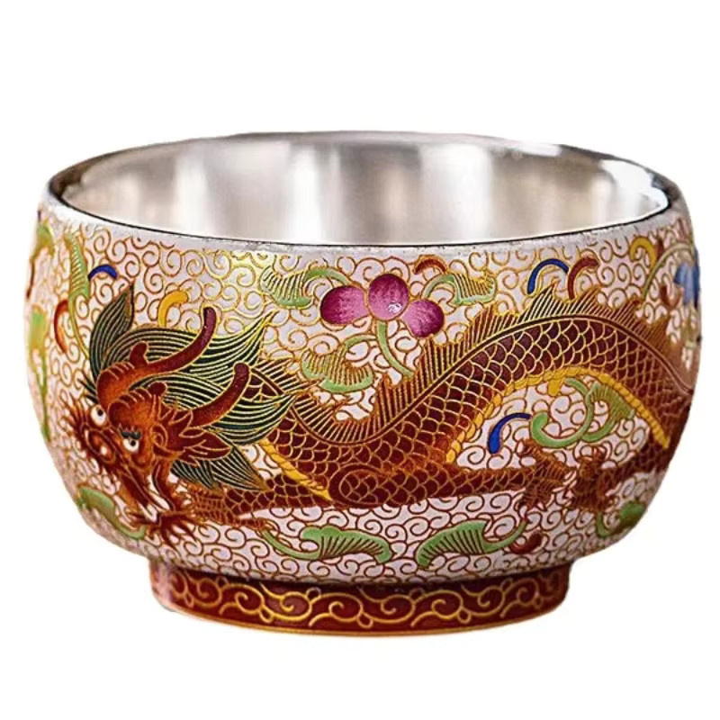 Teetasse Silber, vergoldet, Drachen- und Phönix-Filigran-Emaille - Bild 4