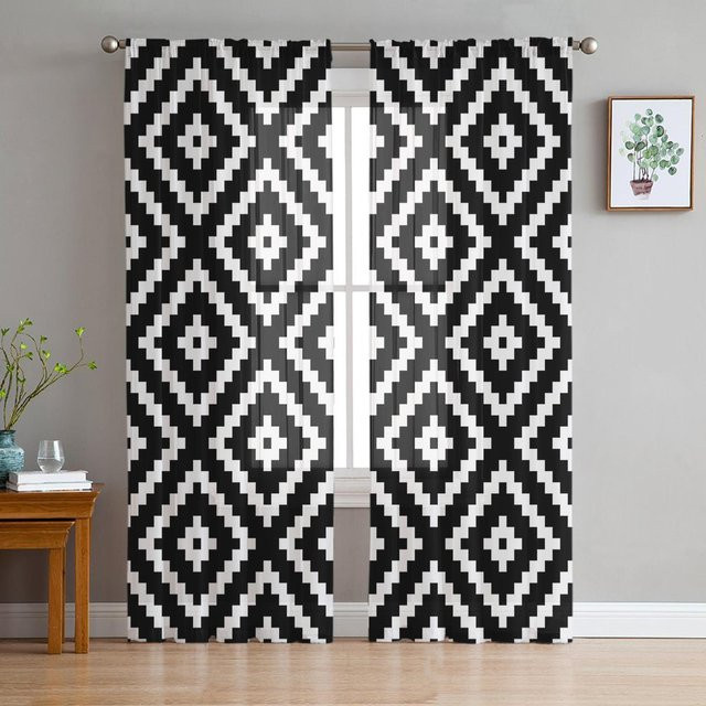Transparente Tüll Voile Vorhänge mit geometrischer quadratischer Textur in Schwarz Weiß von Household supplies MH, Breite: 135 cm, Höhe: 185 cm - Bild 1