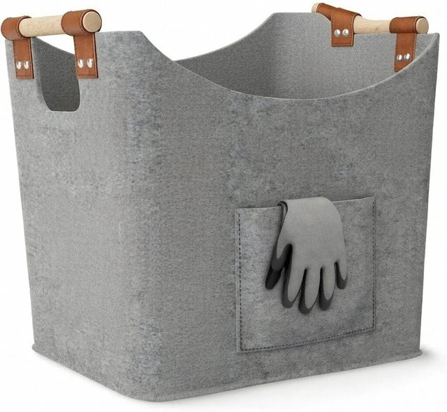 BLACK OAK Holzkorb MONTANA XL Hellgrau – Filzkorb für Kaminholz und Brennholz mit robusten Holzgriffen, Echtleder-Applikation und Fronttasche, Volumen: 60 l - Bild 1