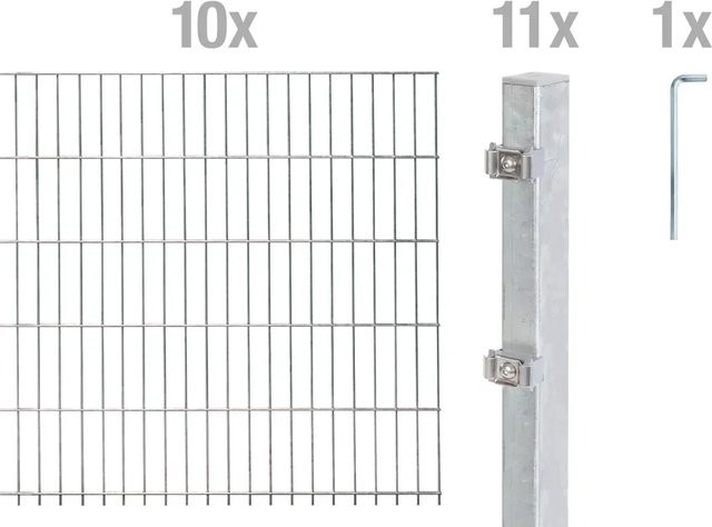 Metallzaun Grund-Set Doppelstabmatte aus Stahl, feuerverzinkt, Farbe: Silber, Erdverlegung, Höhe: 80 cm, Breite: 200 cm, Tiefe: 50 cm - Bild 1