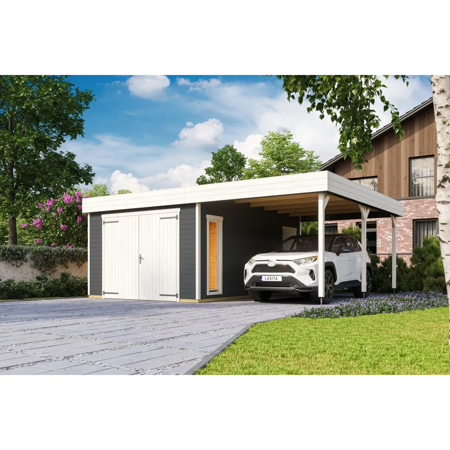Blockgarage Lasita Maja Bahamas aus Holz in Carbongrau mit Stufendach und Holztor, B/T: 820 x 560 cm - Bild 3